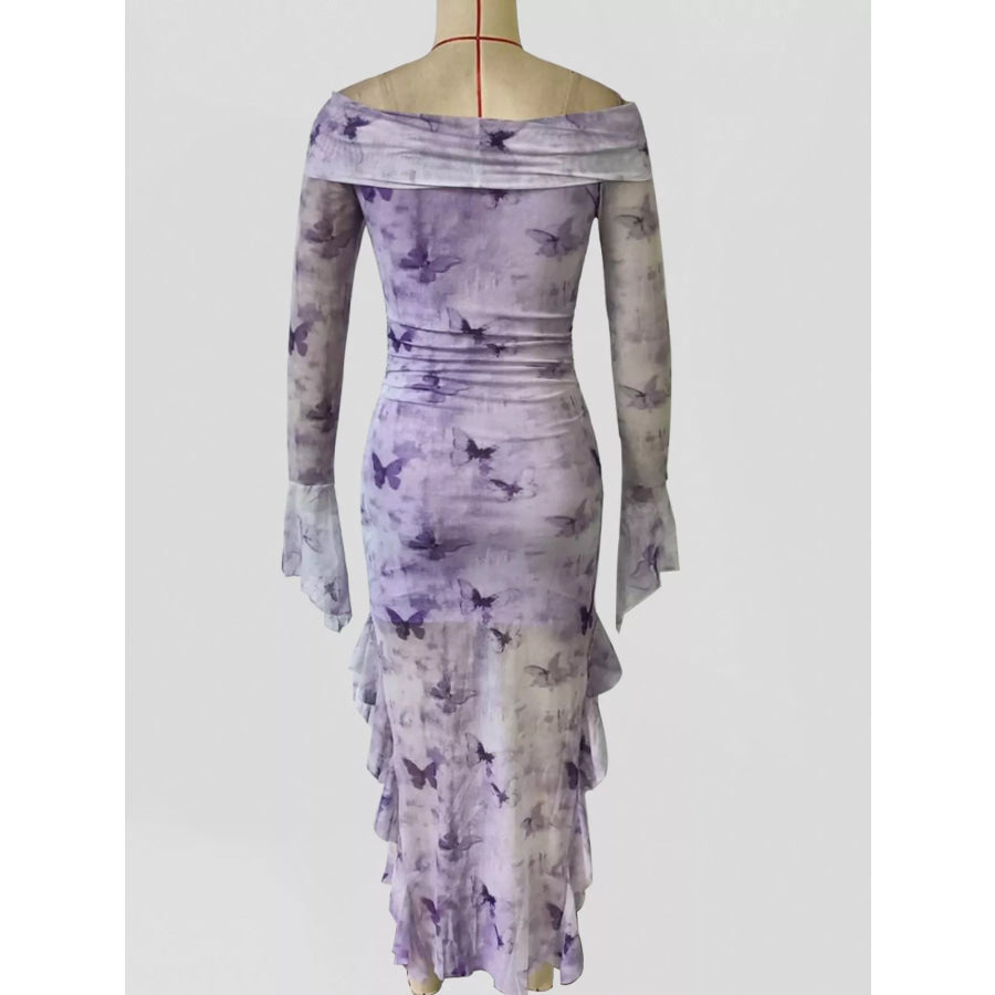 Butterfly Print Off-Shoulder Mesh Mermaid Dress Apparel and Accessories