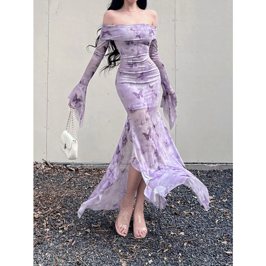 Butterfly Print Off-Shoulder Mesh Mermaid Dress Pink Purple / M Apparel and Accessories