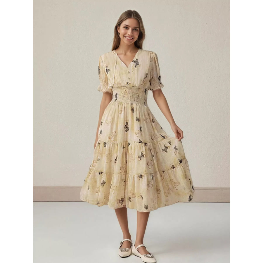 Butterfly Print Smocked Waist Tiered Midi Dress Beige / M Apparel and Accessories