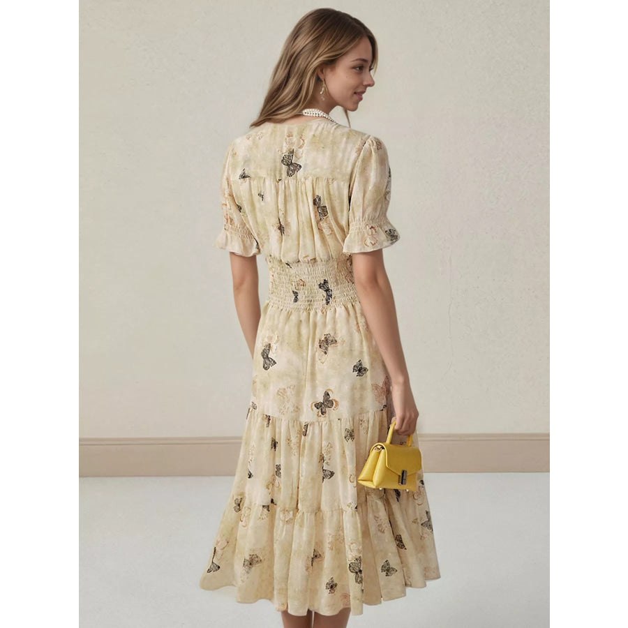 Butterfly Print Smocked Waist Tiered Midi Dress Apparel and Accessories