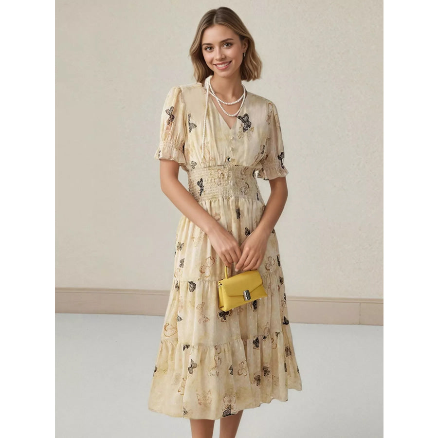 Butterfly Print Smocked Waist Tiered Midi Dress Beige / M Apparel and Accessories