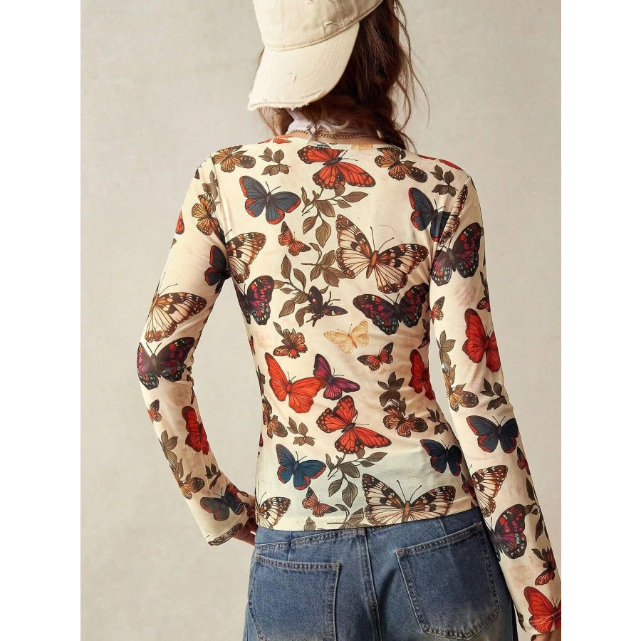 Butterfly Print V-Neck Button-Down Long Sleeve Shirt Apparel and Accessories