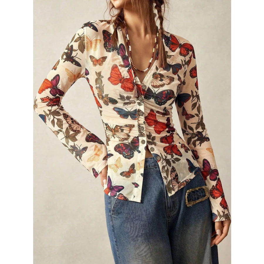 Butterfly Print V-Neck Button-Down Long Sleeve Shirt Pastel Yellow / S Apparel and Accessories