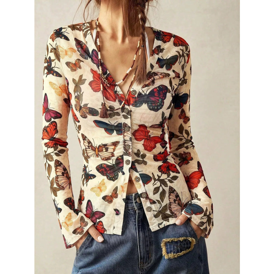 Butterfly Print V-Neck Button-Down Long Sleeve Shirt Pastel Yellow / S Apparel and Accessories
