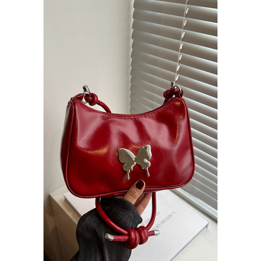 Butterfly PU Leather Knotted Strap Shoulder Bag Deep Red / One Size Apparel and Accessories