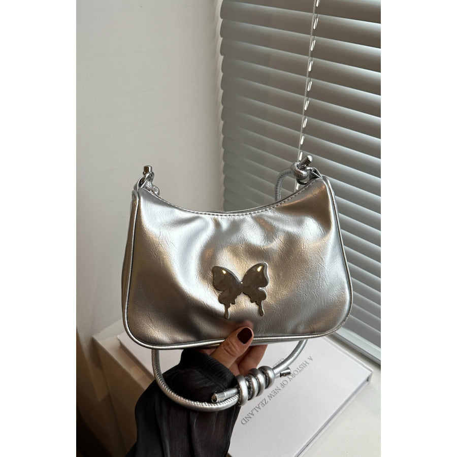 Butterfly PU Leather Knotted Strap Shoulder Bag Silver / One Size Apparel and Accessories