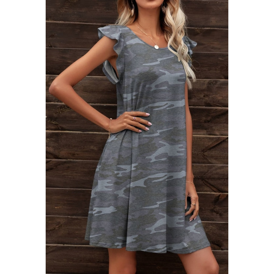 Butterfly Sleeve Round Neck Dress Dark Gray / S