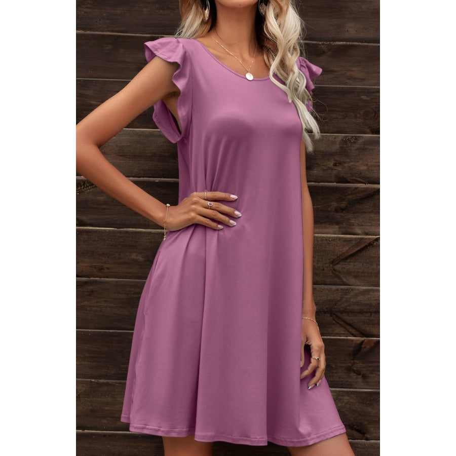 Butterfly Sleeve Round Neck Dress Purple / S