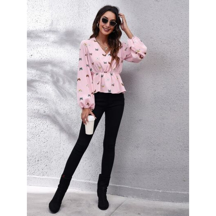 Butterfly V-Neck Balloon Sleeve Peplum Blouse Clothing