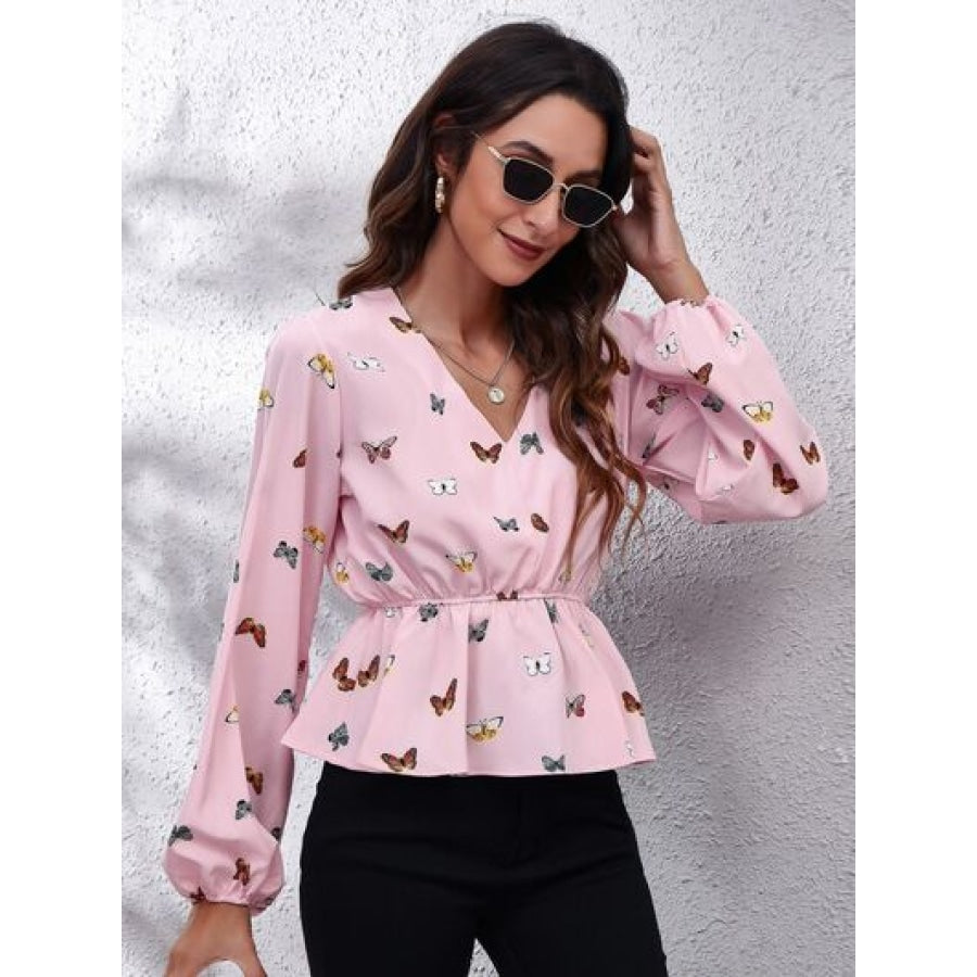 Butterfly V-Neck Balloon Sleeve Peplum Blouse Clothing