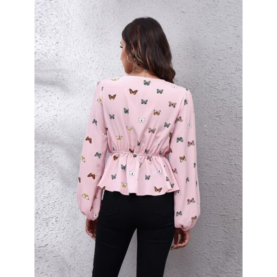 Butterfly V-Neck Balloon Sleeve Peplum Blouse Clothing