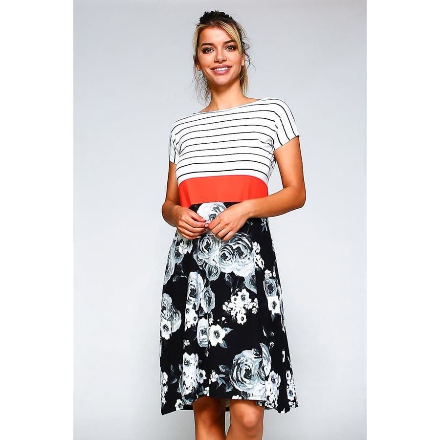 Midi Dress With Solid Or Stripe Top &amp; Printed Skirt S / Stripe/black Grey Dresses
