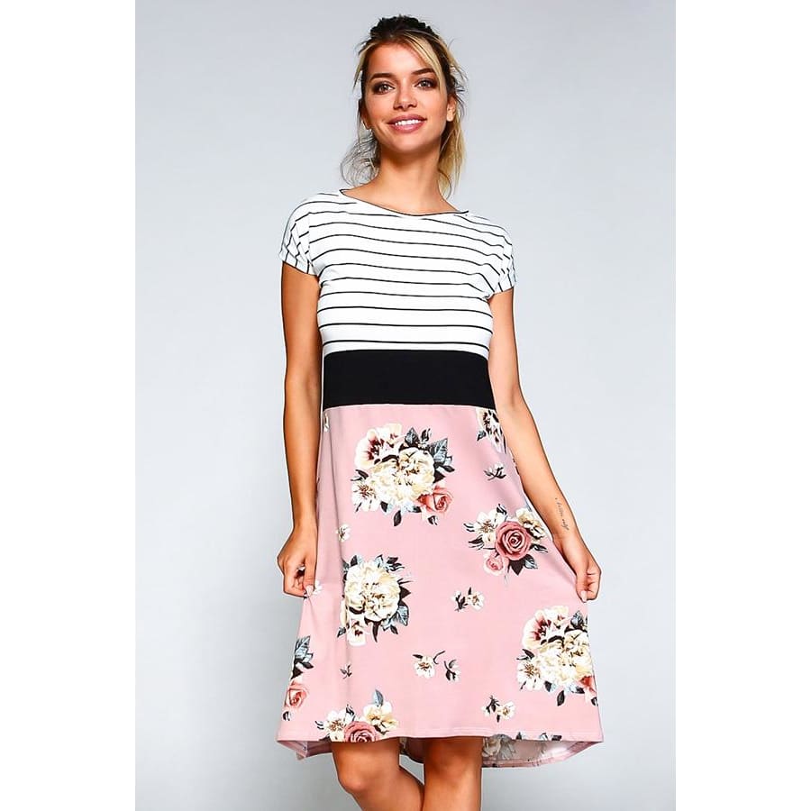 Midi Dress With Solid Or Stripe Top &amp; Printed Skirt S / Stripe/blush Floral Dresses