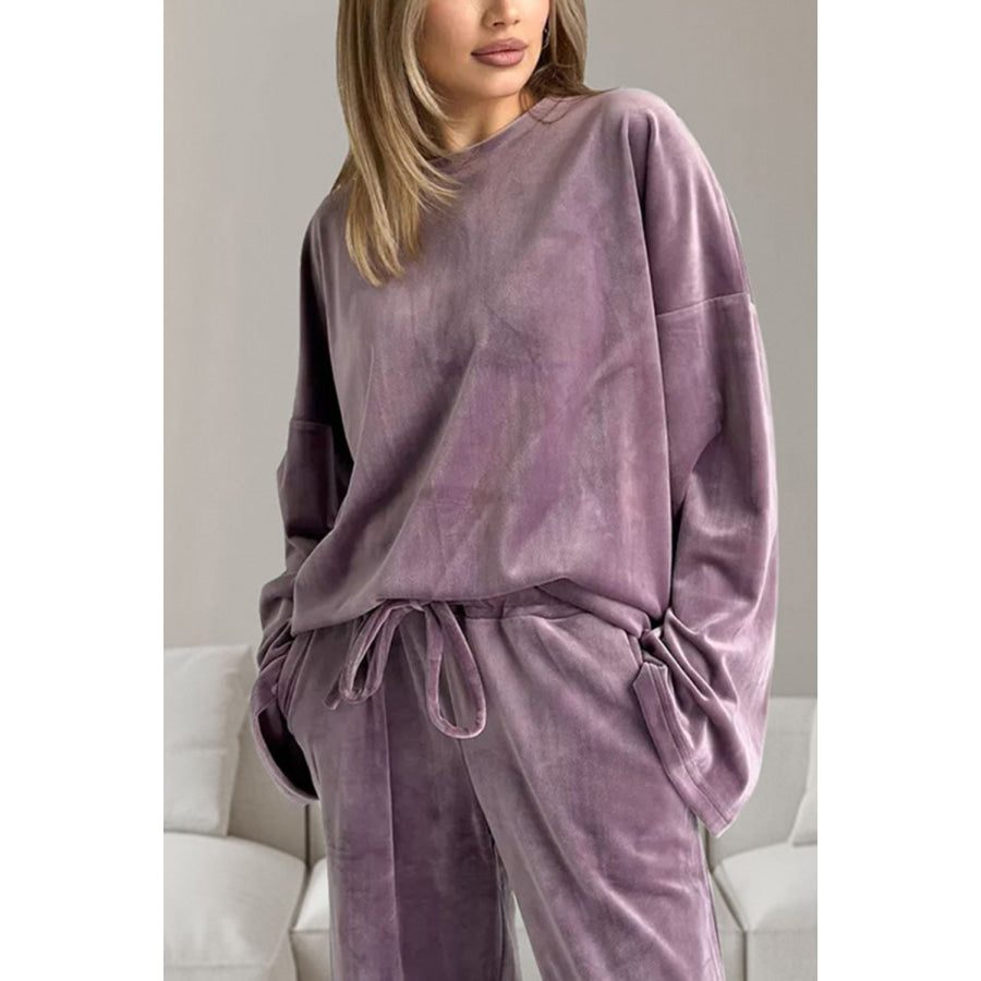 Buttery-Soft Round Neck Long Sleeve Top and Drawstring Pants Set Mauve / S Apparel and Accessories