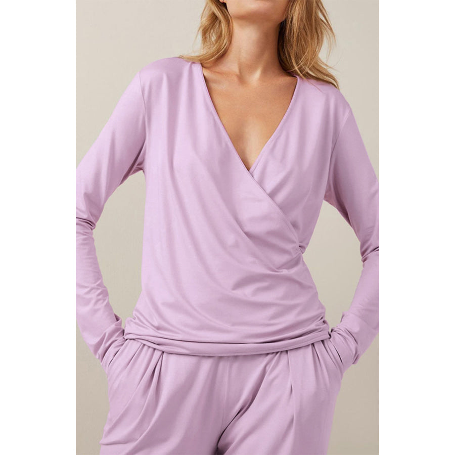 Buttery-Soft Surplice Long Sleeve Top and Pants Set Pink Purple / S Apparel and Accessories