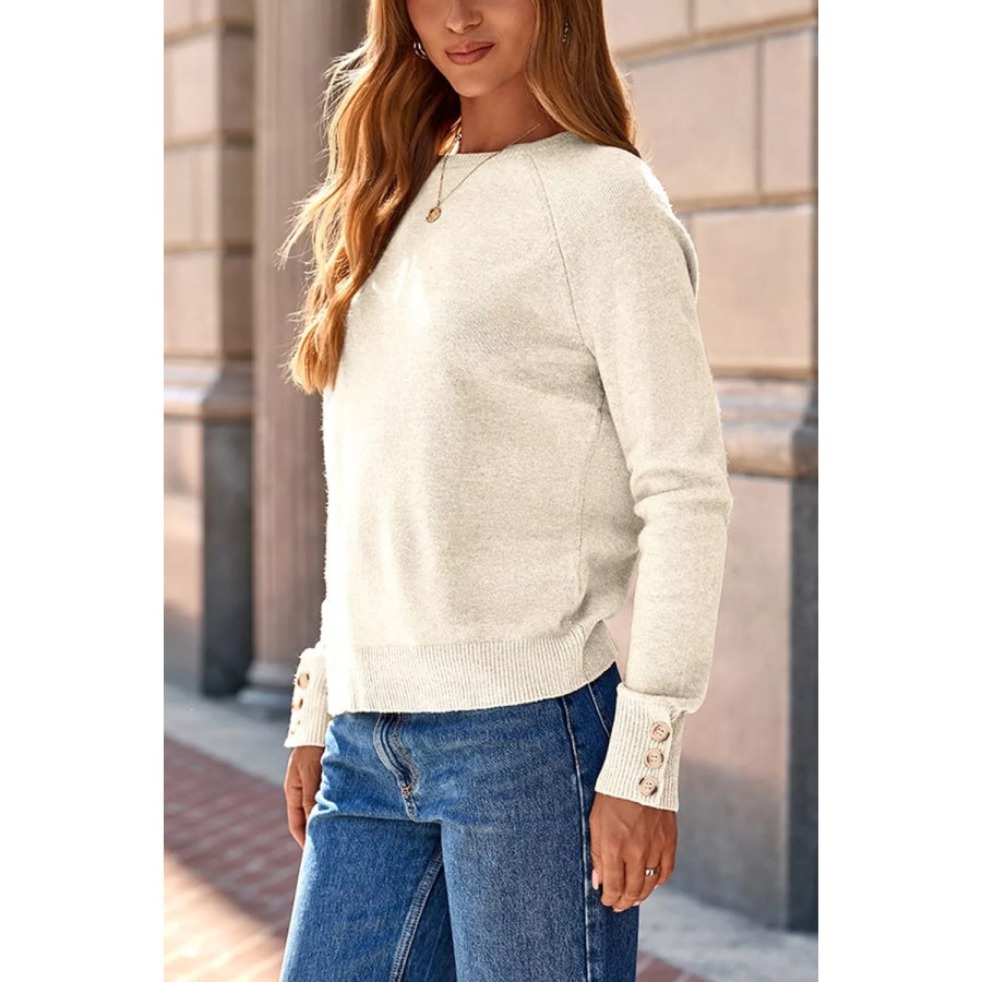 Button-Cuff Crew Neck Sweater Apparel and Accessories