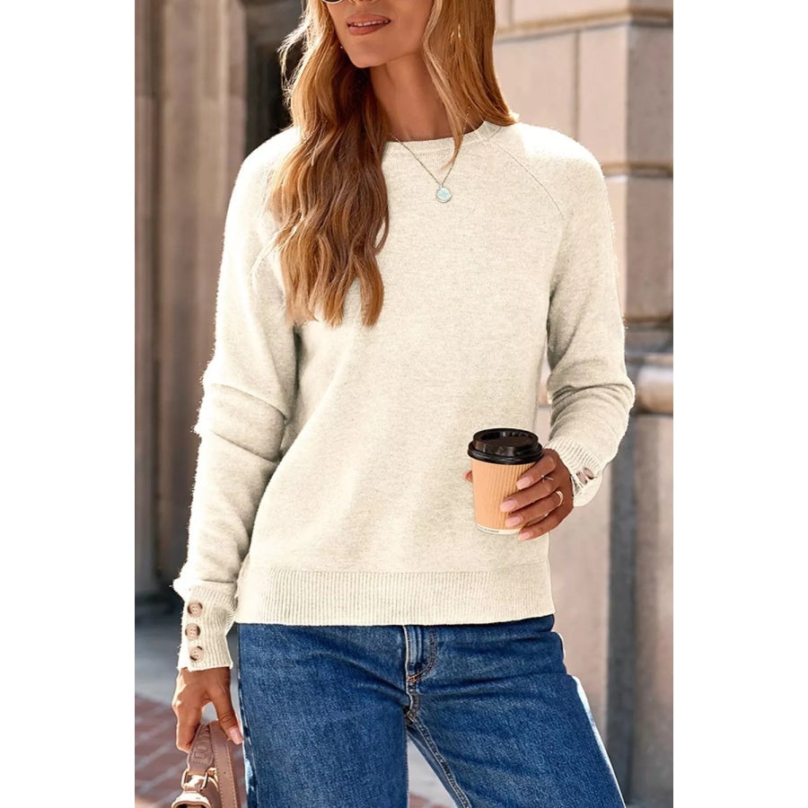 Button-Cuff Crew Neck Sweater Apparel and Accessories