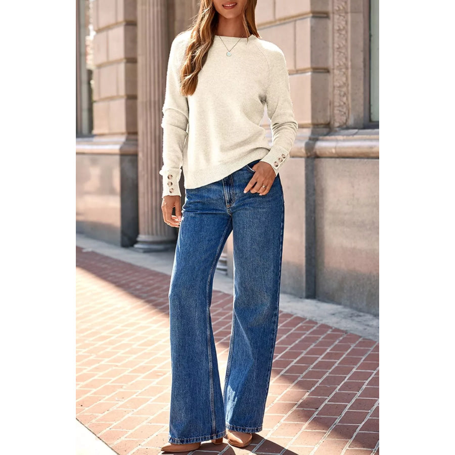 Button-Cuff Crew Neck Sweater Apparel and Accessories