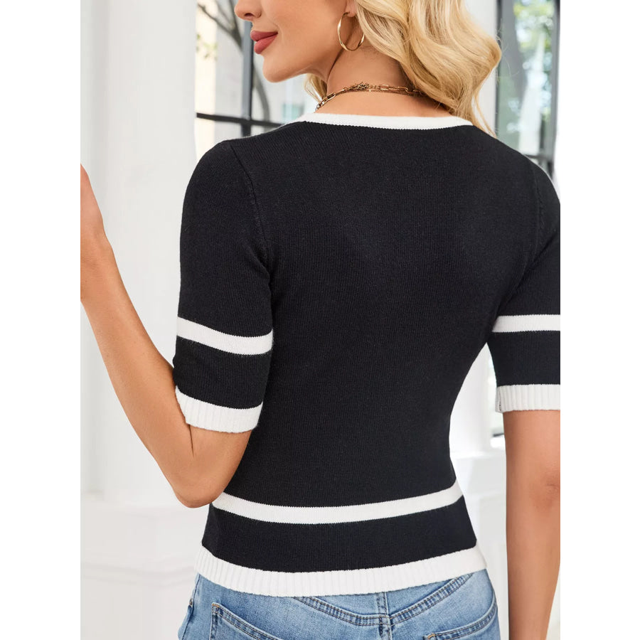 Button Decor Contrast Trim Sweater Apparel and Accessories