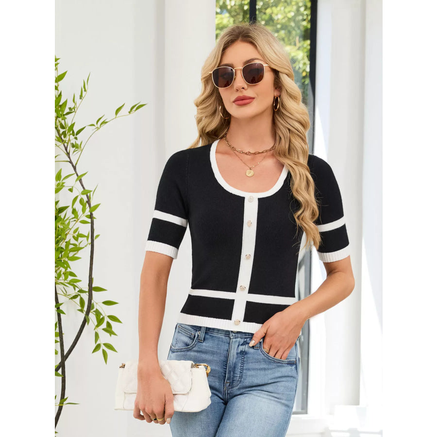 Button Decor Contrast Trim Sweater Apparel and Accessories