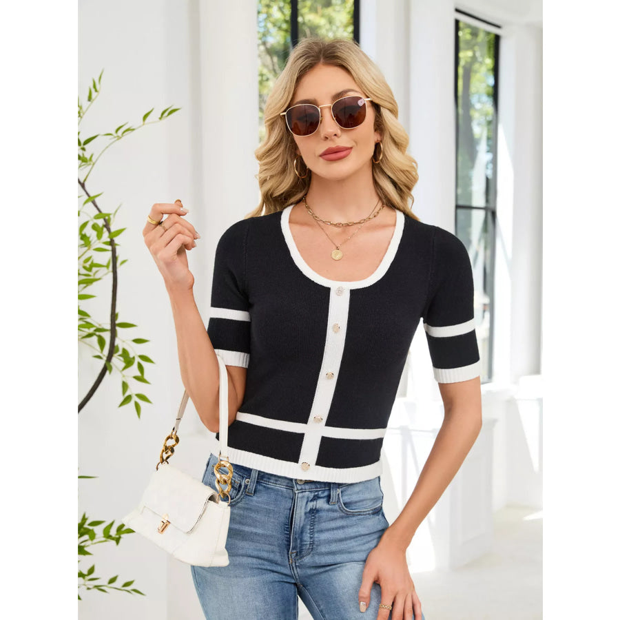 Button Decor Contrast Trim Sweater Apparel and Accessories