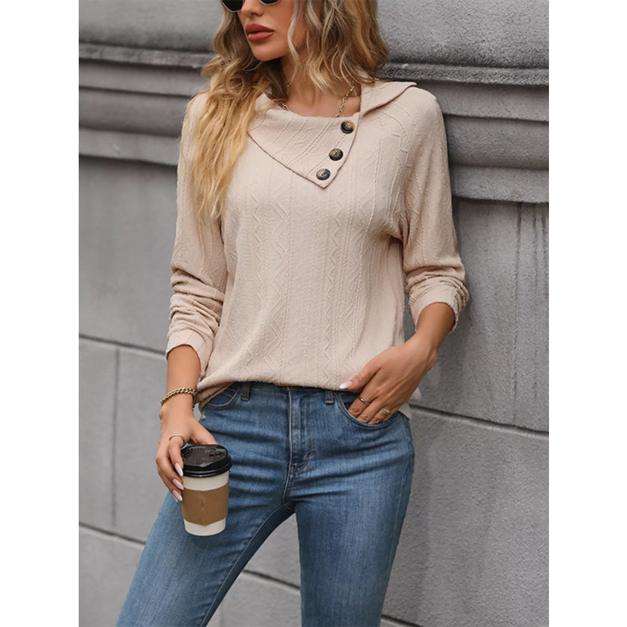 Button-Decor Long Sleeve Textured Top Apparel and Accessories