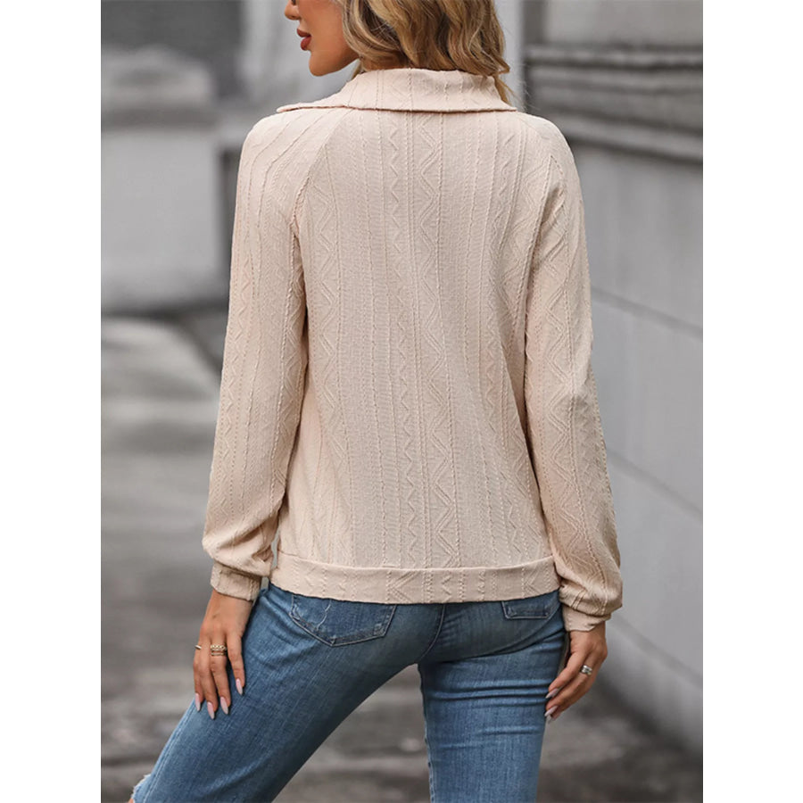 Button-Decor Long Sleeve Textured Top Apparel and Accessories