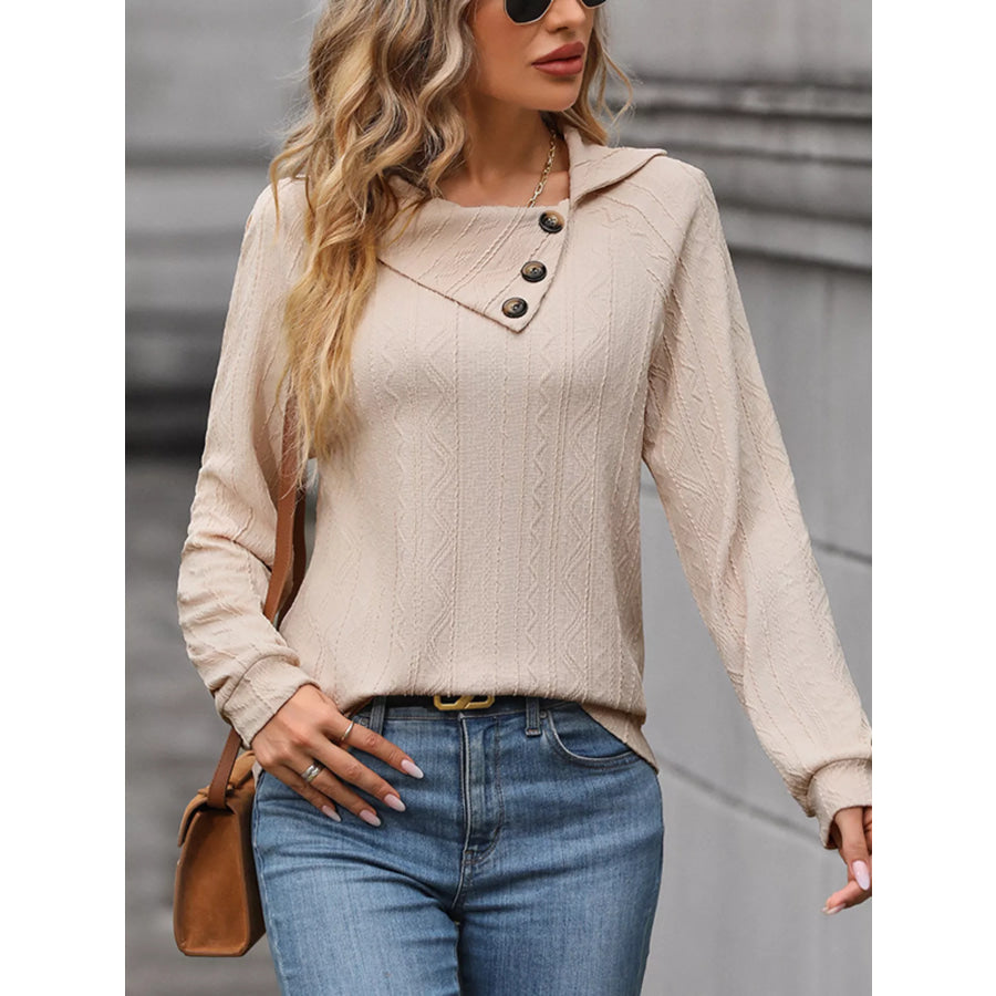 Button-Decor Long Sleeve Textured Top Apparel and Accessories