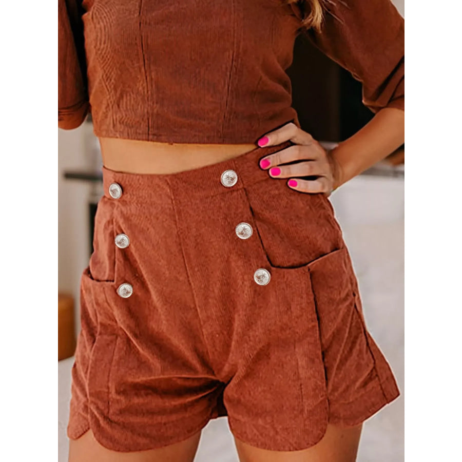 Button Decor Scalloped Edge High Waist Corduroy Shorts Terracotta / S Apparel and Accessories