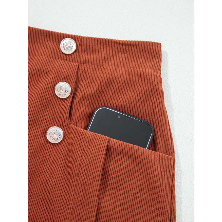Button Decor Scalloped Edge High Waist Corduroy Shorts Apparel and Accessories