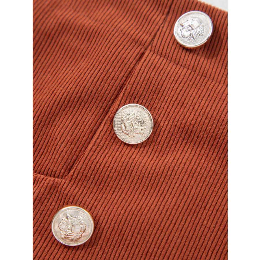 Button Decor Scalloped Edge High Waist Corduroy Shorts Apparel and Accessories