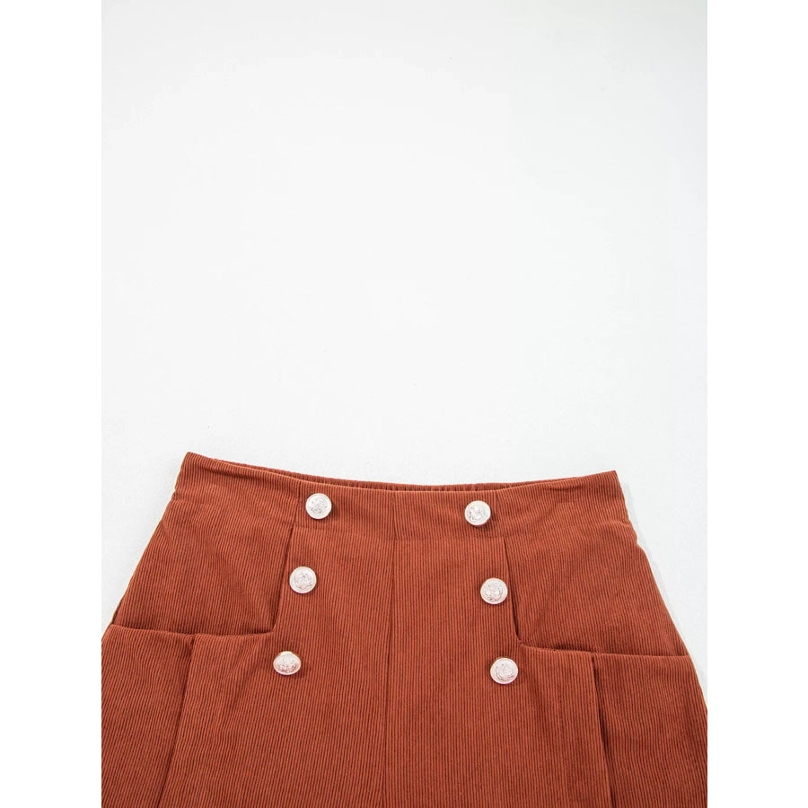 Button Decor Scalloped Edge High Waist Corduroy Shorts Apparel and Accessories