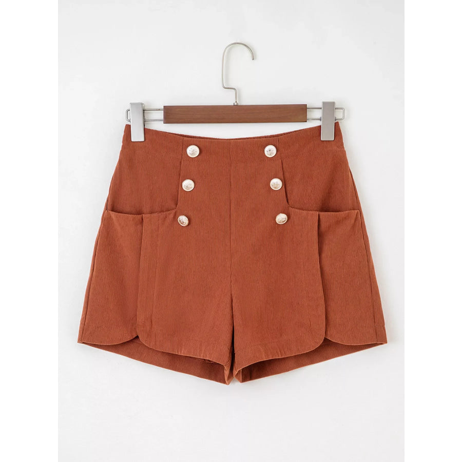 Button Decor Scalloped Edge High Waist Corduroy Shorts Apparel and Accessories
