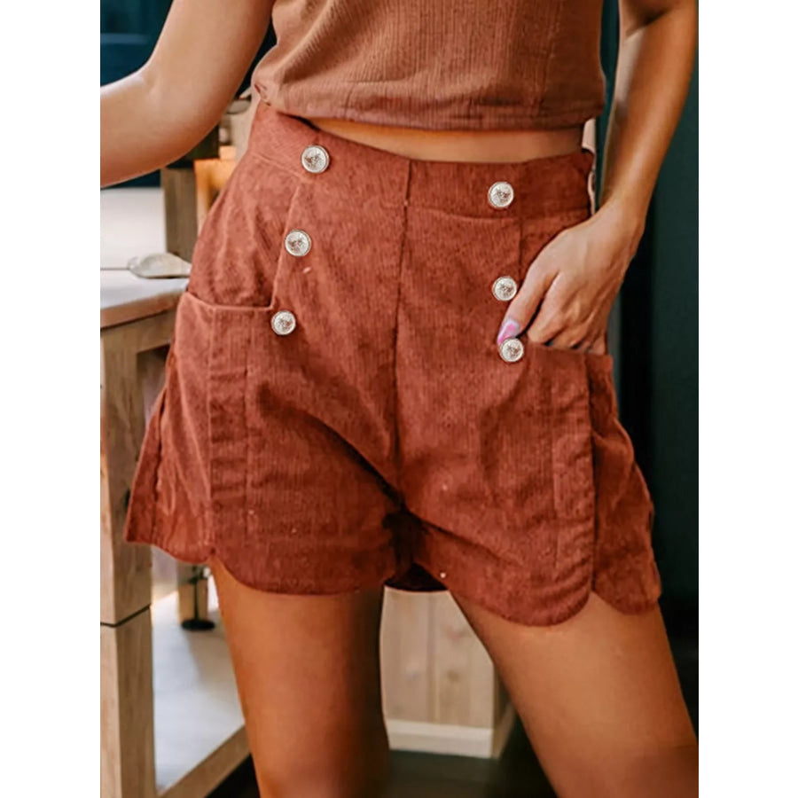 Button Decor Scalloped Edge High Waist Corduroy Shorts Terracotta / S Apparel and Accessories