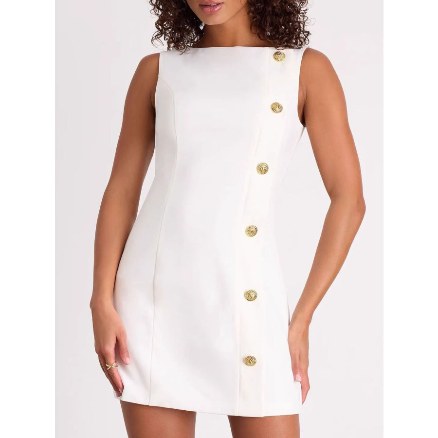 Button Decor Sleeveless Mini Dress White / S Apparel and Accessories