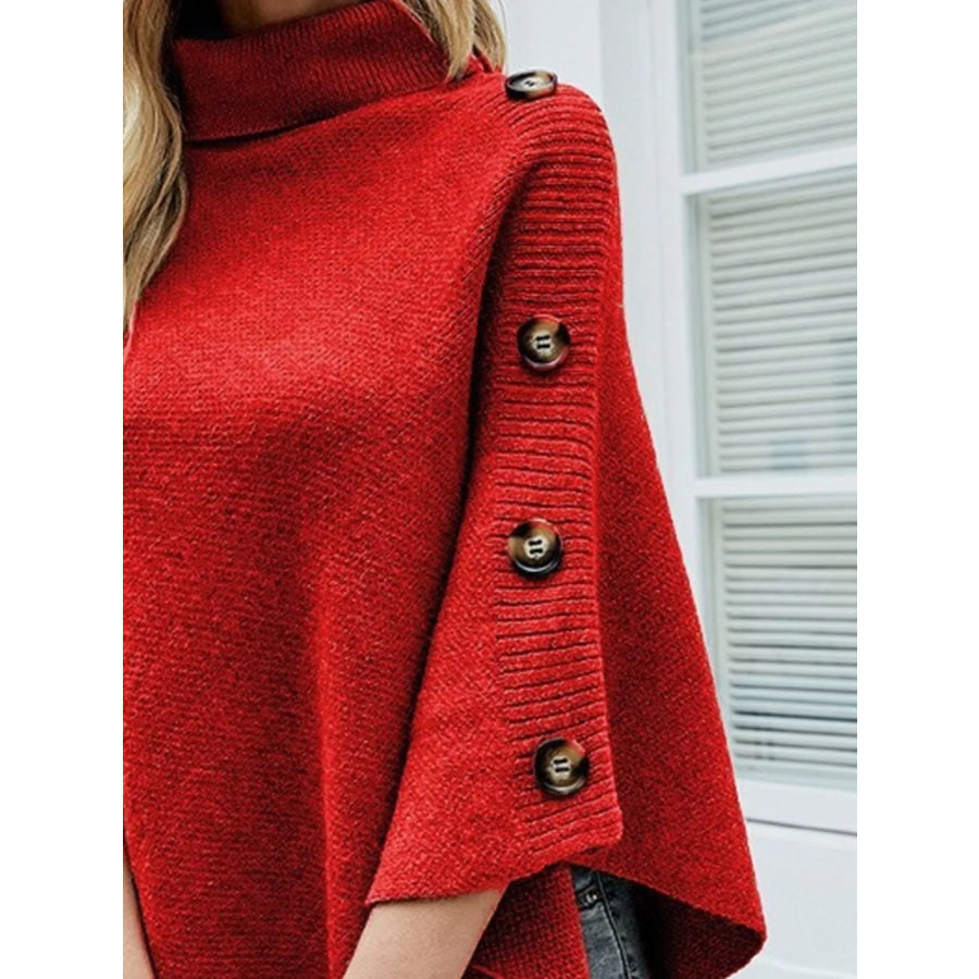 Button-Decor Turtleneck Poncho Pullover Apparel and Accessories