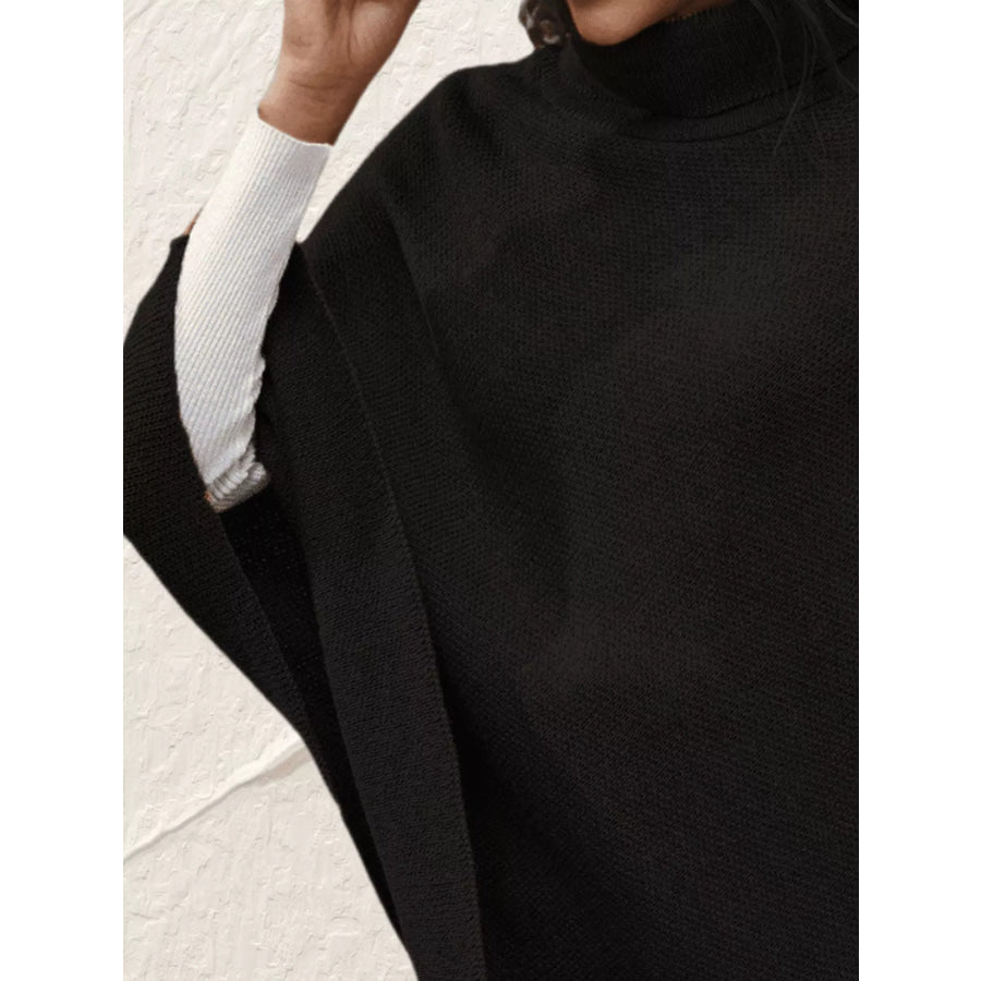 Button-Decor Turtleneck Poncho Pullover Apparel and Accessories