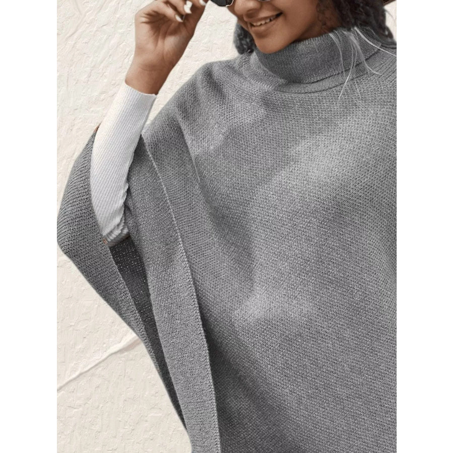 Button-Decor Turtleneck Poncho Pullover Apparel and Accessories