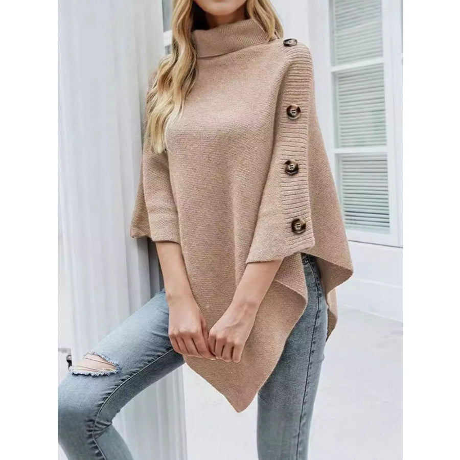 Button-Decor Turtleneck Poncho Pullover Apparel and Accessories
