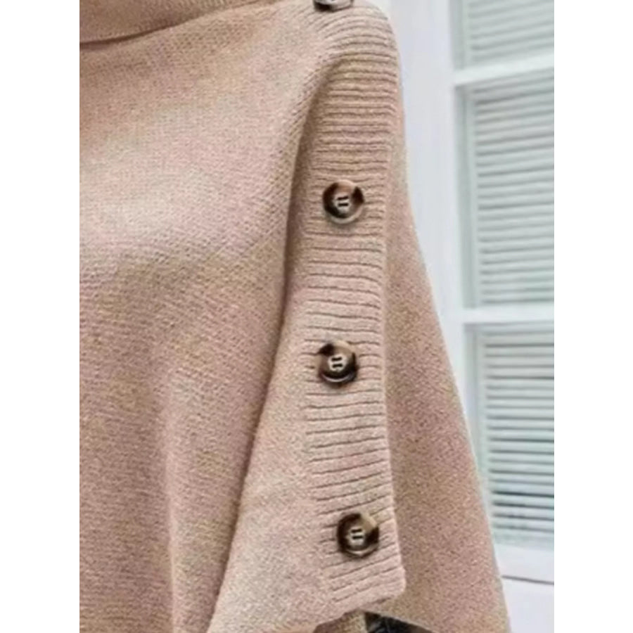 Button-Decor Turtleneck Poncho Pullover Apparel and Accessories
