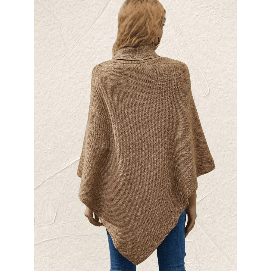 Button-Decor Turtleneck Poncho Pullover Apparel and Accessories