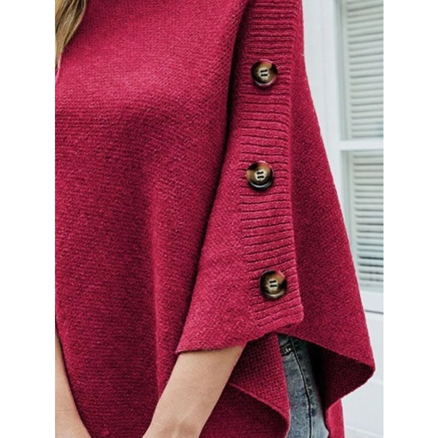 Button-Decor Turtleneck Poncho Pullover Apparel and Accessories