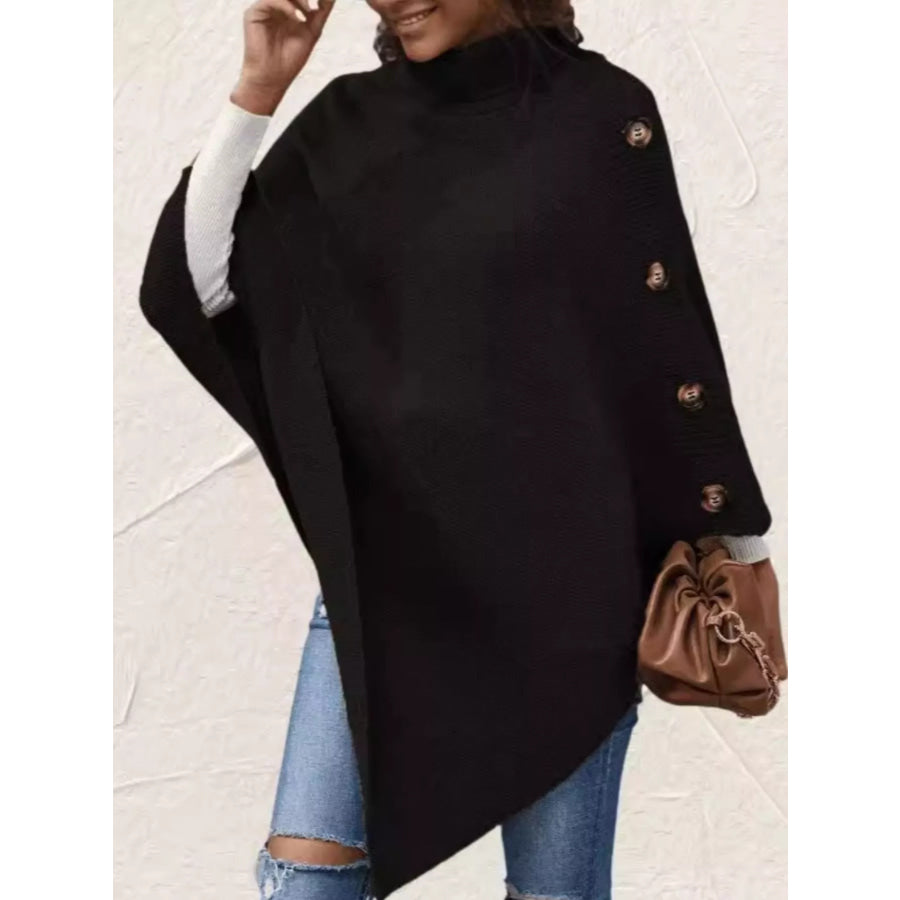 Button-Decor Turtleneck Poncho Pullover Apparel and Accessories