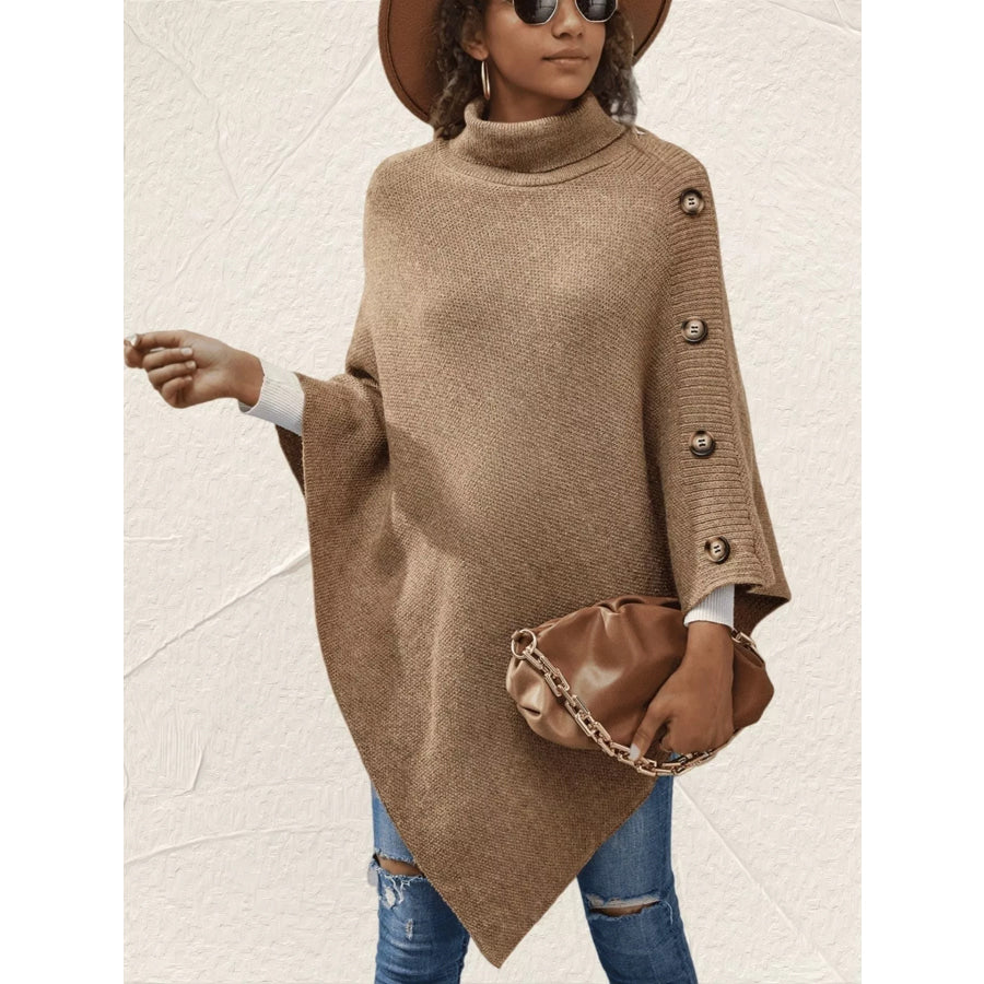 Button-Decor Turtleneck Poncho Pullover Apparel and Accessories