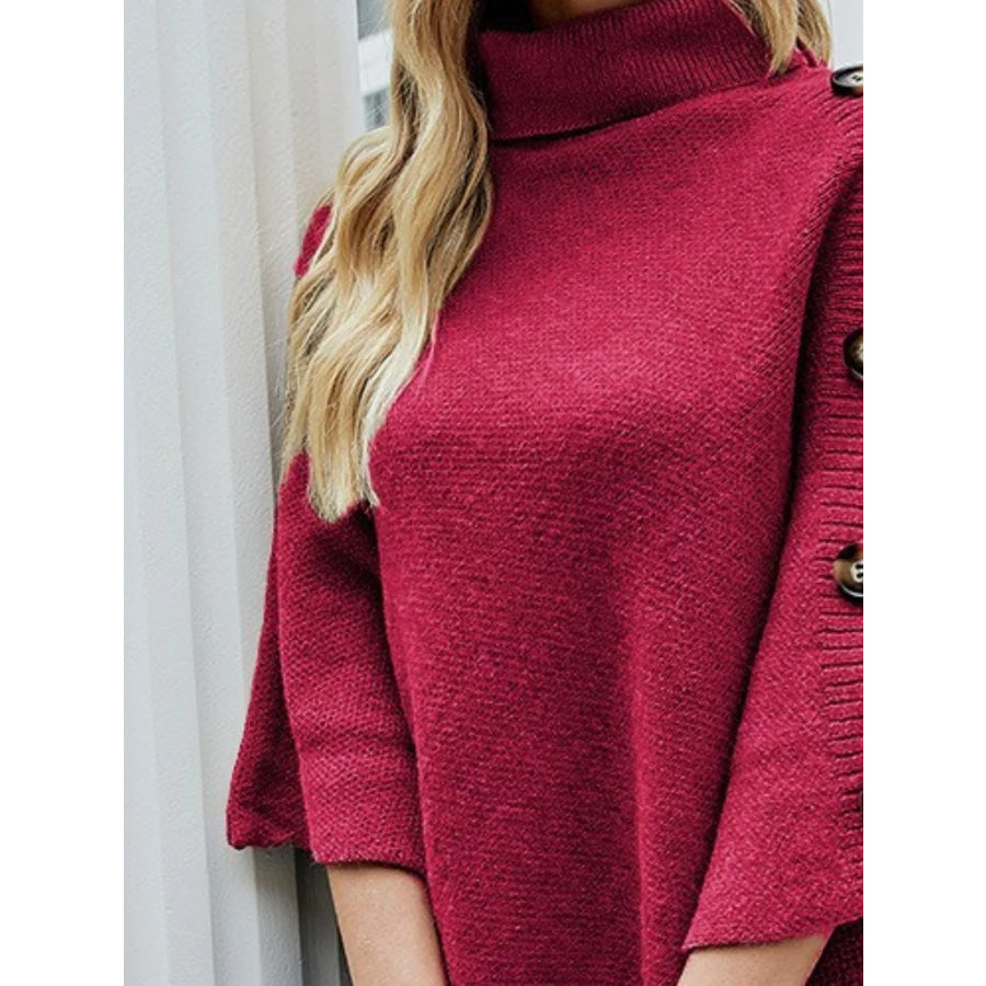 Button-Decor Turtleneck Poncho Pullover Apparel and Accessories