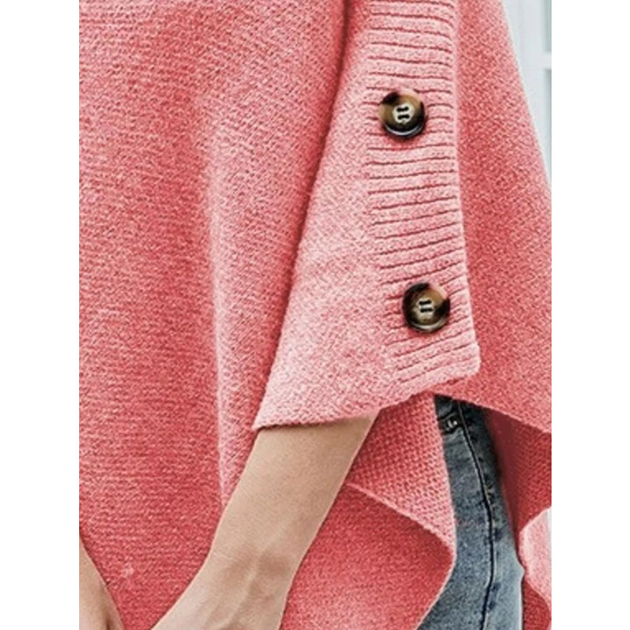 Button-Decor Turtleneck Poncho Pullover Apparel and Accessories