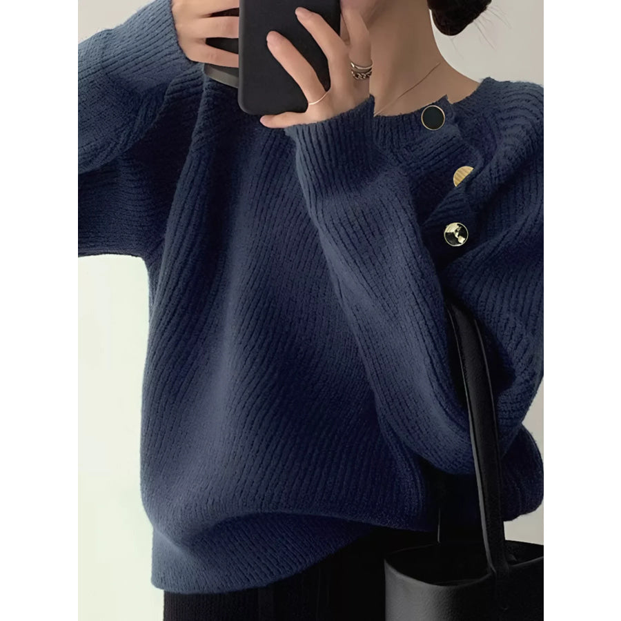 Button-Decorated Round Neck Sweater Apparel and Accessories