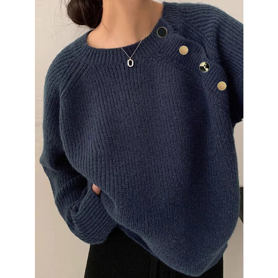 Button-Decorated Round Neck Sweater Navy / One Size Apparel and Accessories