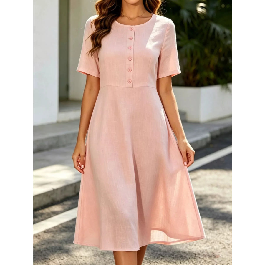 Button Detail A-Line Midi Dress Pink / S Apparel and Accessories