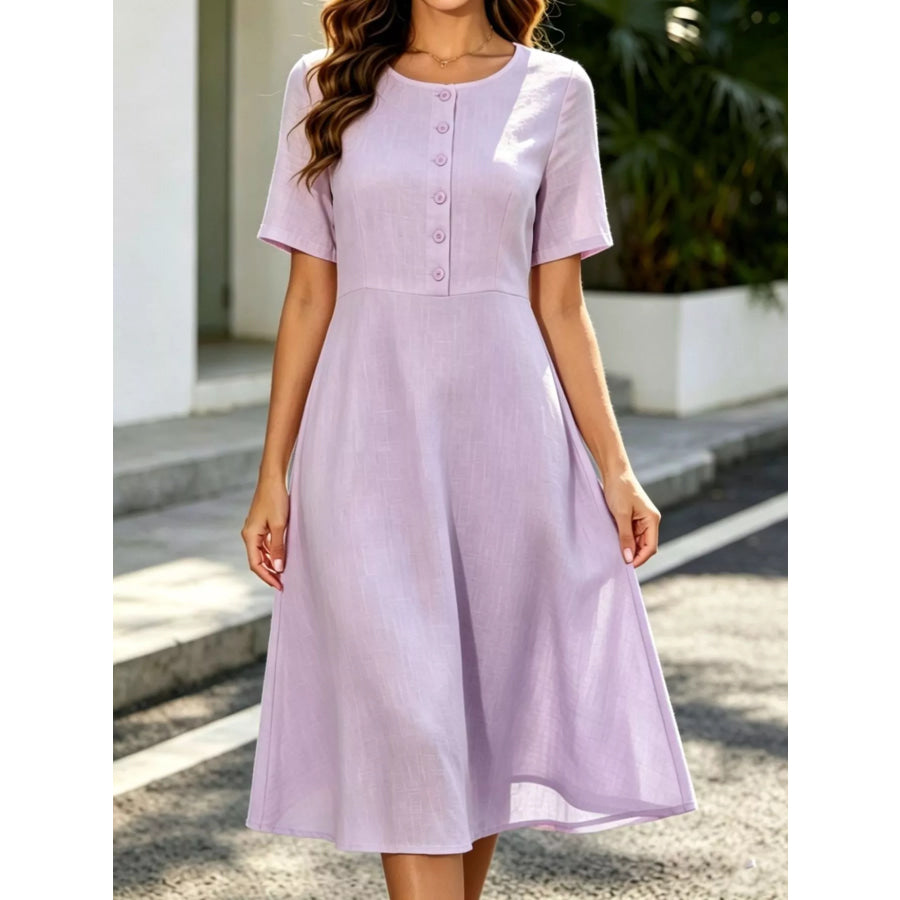 Button Detail A-Line Midi Dress Purple / S Apparel and Accessories